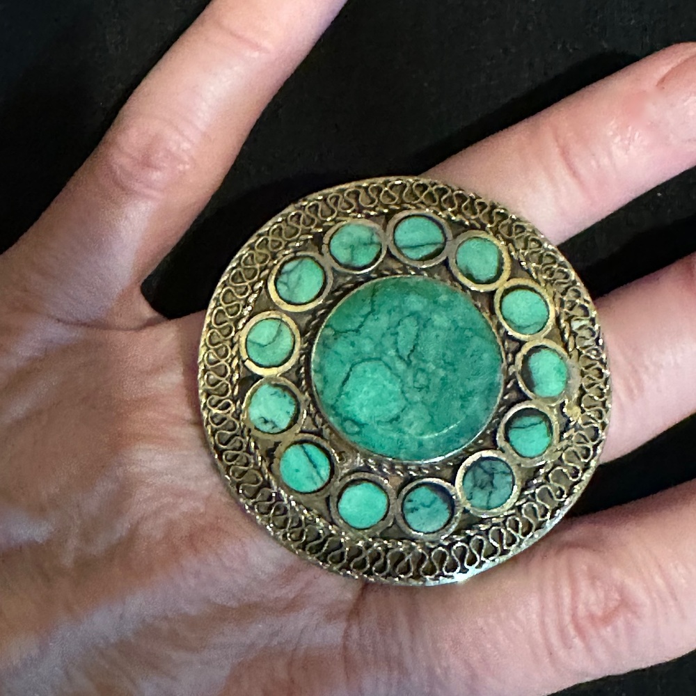 Sterling Silver, Turquoise, & Coral Two Finger, Double Finger Statement Ring -
